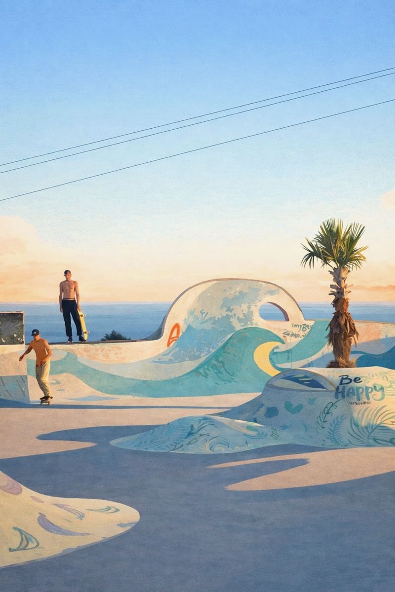 Plage avec des éléments de béton peint pour ressembler à des vagues et à la mer, deux jeunes hommes faisant du skateboard, un palmier, ciel en fin de journée.