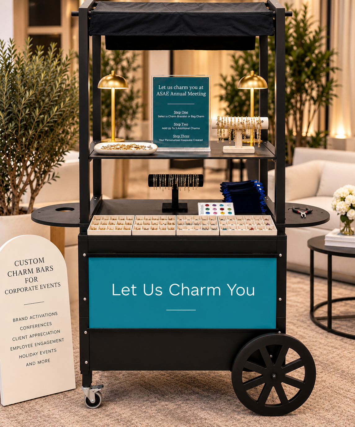 Custom branded charm bar for trade show booth