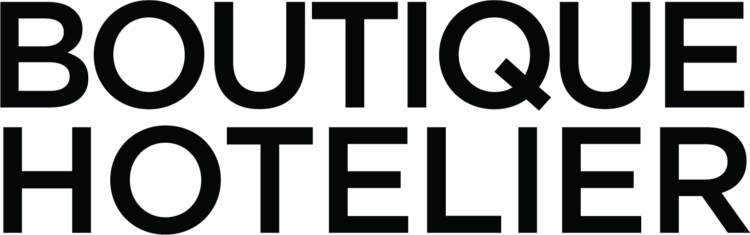 Grey rectangular logo with black Boutique Hotelier text