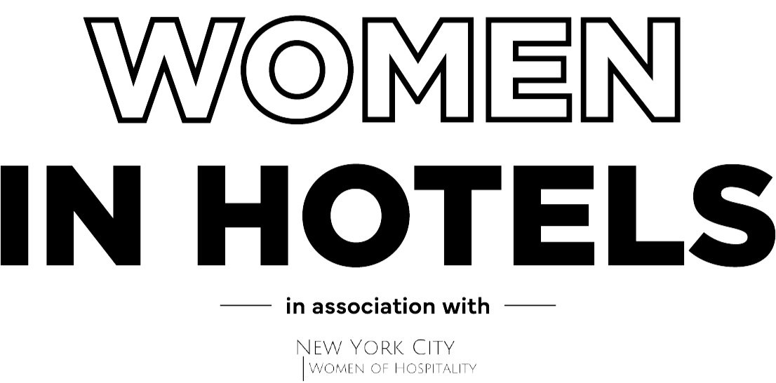White rectangular logo with black Women in Hotels text