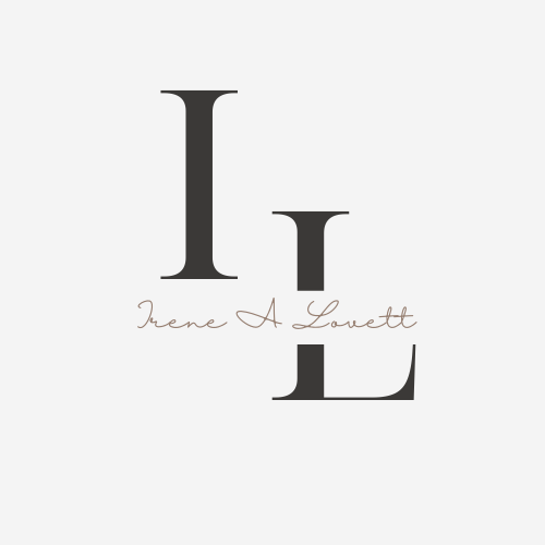 Design with the word 'I', 'L', and a lowercase 'L' in large black font, with the name 'Irene A Lowett' written in a small cursive font across the middle.