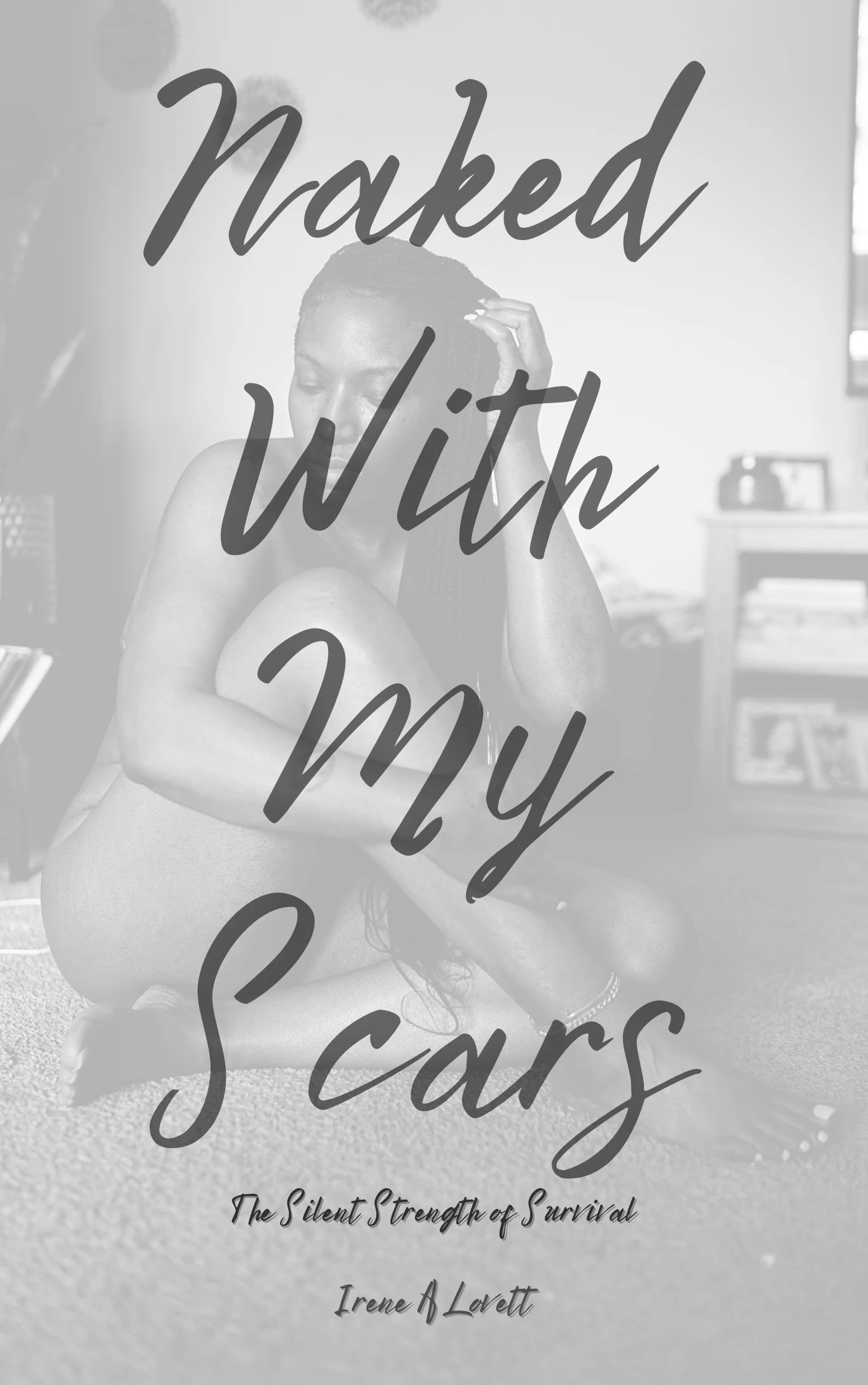 Book cover titled 'Naked with My Scars' showing a woman sitting on the floor with her knees drawn up, her arm resting on her head, in a contemplative pose in a room with bookshelves and a window