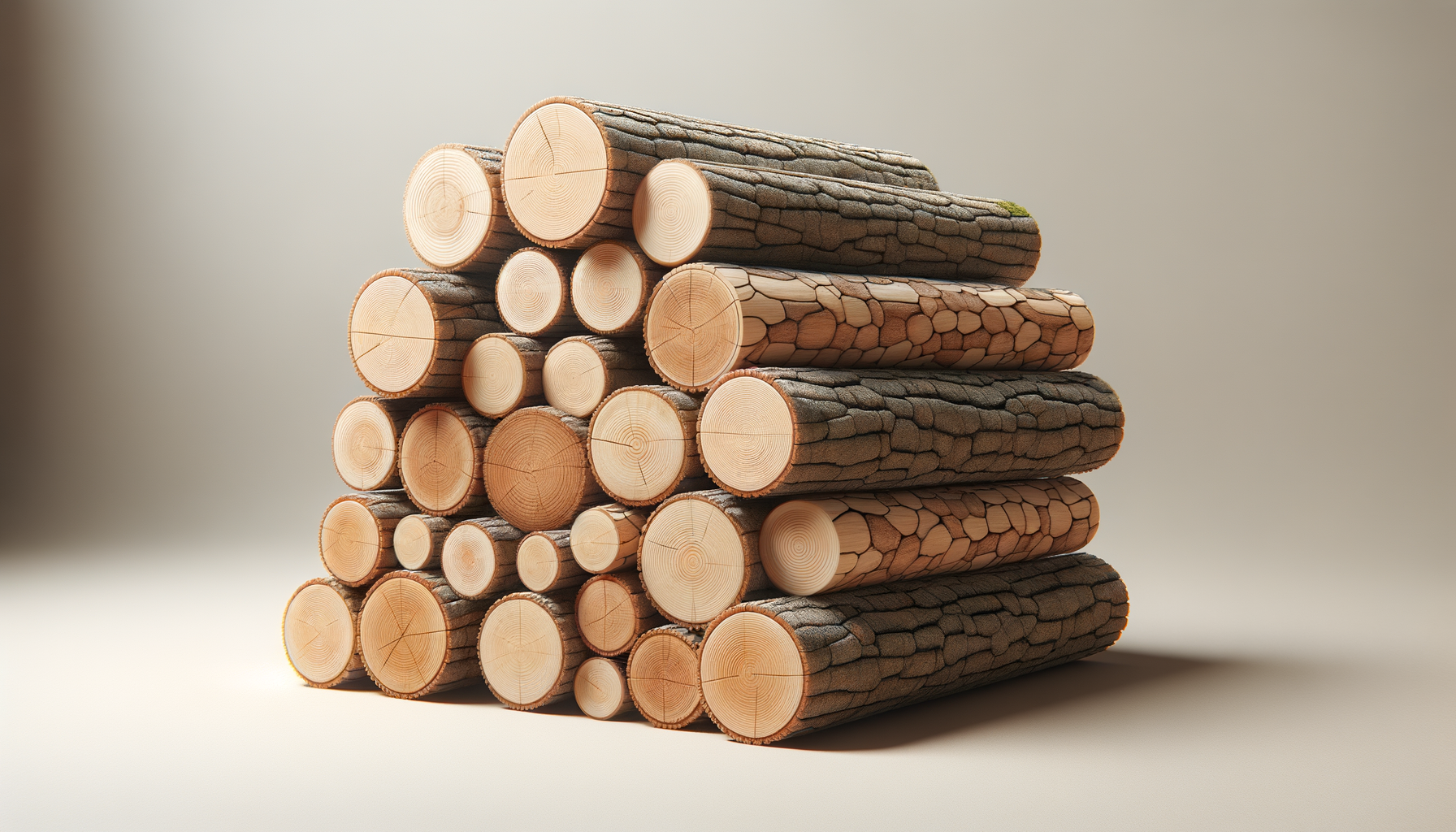 Pilhas de lenhas empilhadas, com detalhes nas seções cortadas mostrando os anéis das árvores.