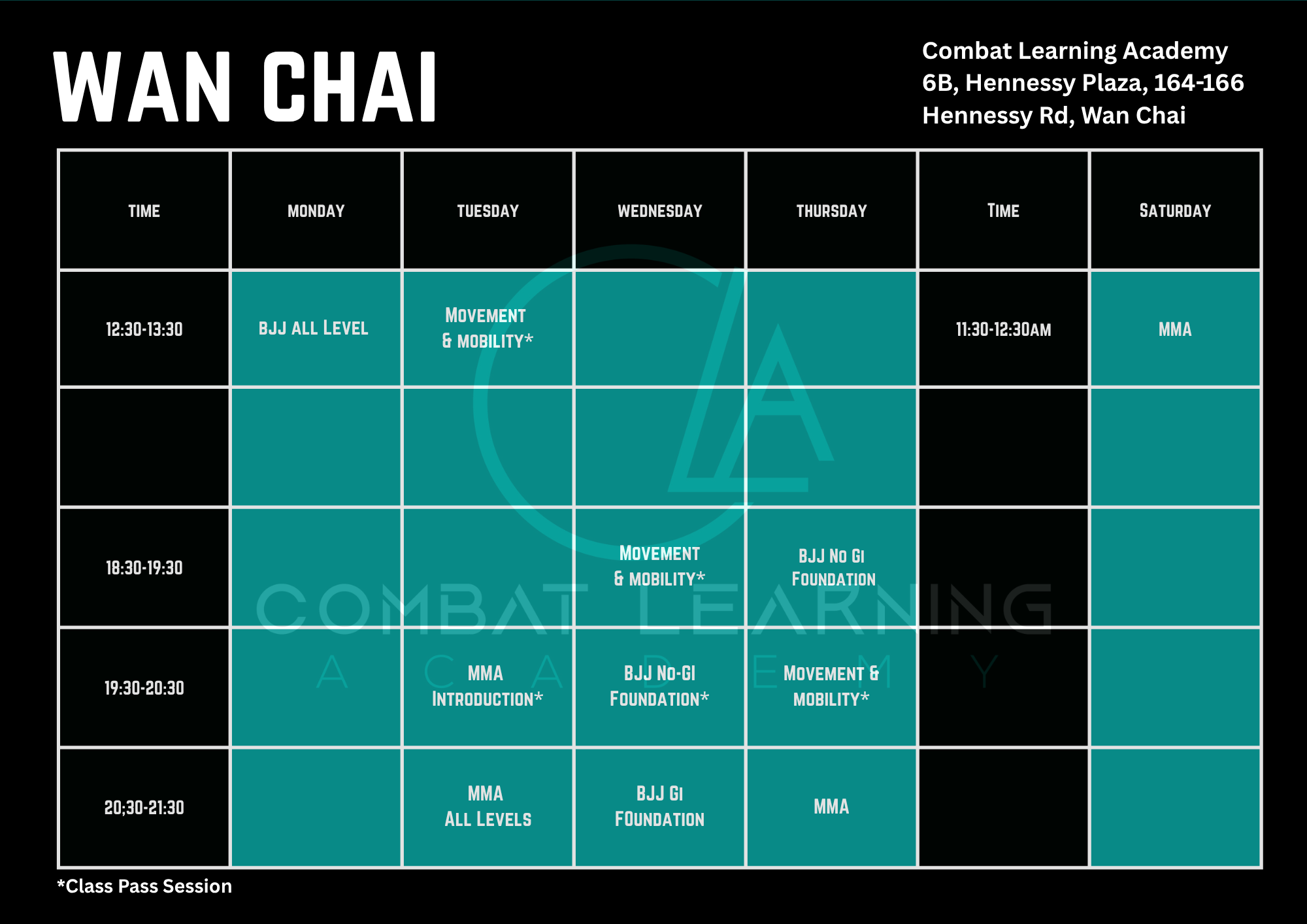 Weekly schedule for Combat Learning Academy at 6B Hennessy Plaza, Wan Chai, with classes including BJJ, MMA, and Movement & Mobility, featuring times from noon to 9:30 PM.