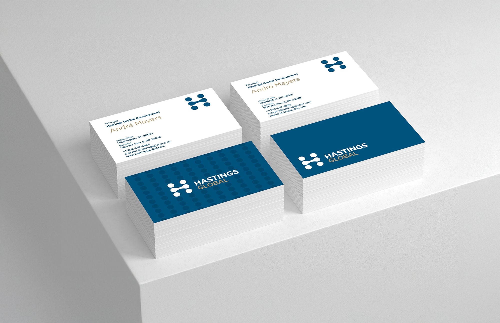 Stacked business cards for Hastings Global, featuring a blue and white logo, contact information, and a blue background with the Hastings Global logo.