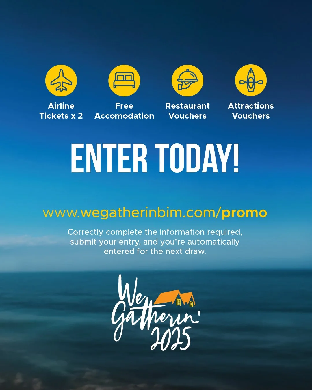 A promotional flyer for We Gathering 2025 with icons representing airline tickets, free accommodation, restaurant vouchers, and attractions vouchers, encouraging participation through a website link.