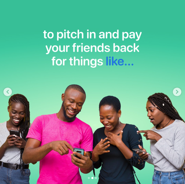 Four young adults smiling and looking at their phones, standing against a gradient green background with text about friendship and reciprocity.