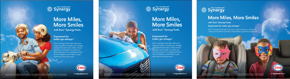 Series of three billboard ads promoting Esso Synergy fuels, with the tagline 'More Miles, More Smiles.' The first features a man and woman riding a scooter with helmets on, the second shows a child cleaning a blue car, and the third depicts two children with masks sitting in a car seat.