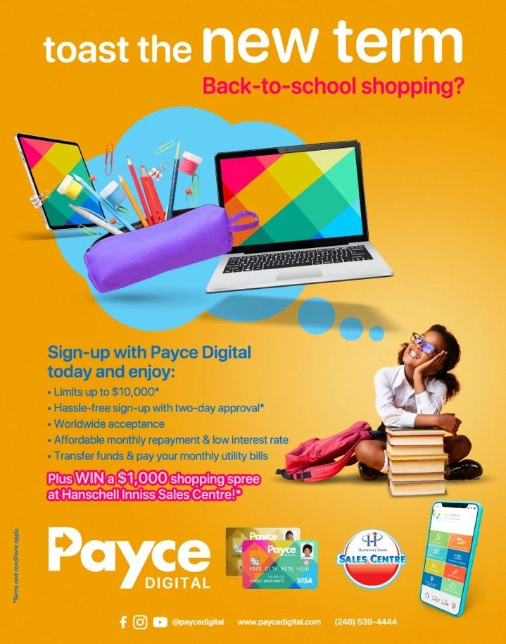 Back-to-school advertisement for Payce Digital featuring a laptop, a tablet, a pencil case filled with school supplies, a smartphone, and a young girl sitting on the ground with a pile of books, all promoting back-to-school shopping and sign-up offers.