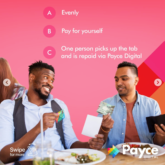 Two men sit at a table, one holding a credit card and the other holding cash, with a pink background and instructions about paying evenly, paying yourself, and one person paying via Payce Digital.