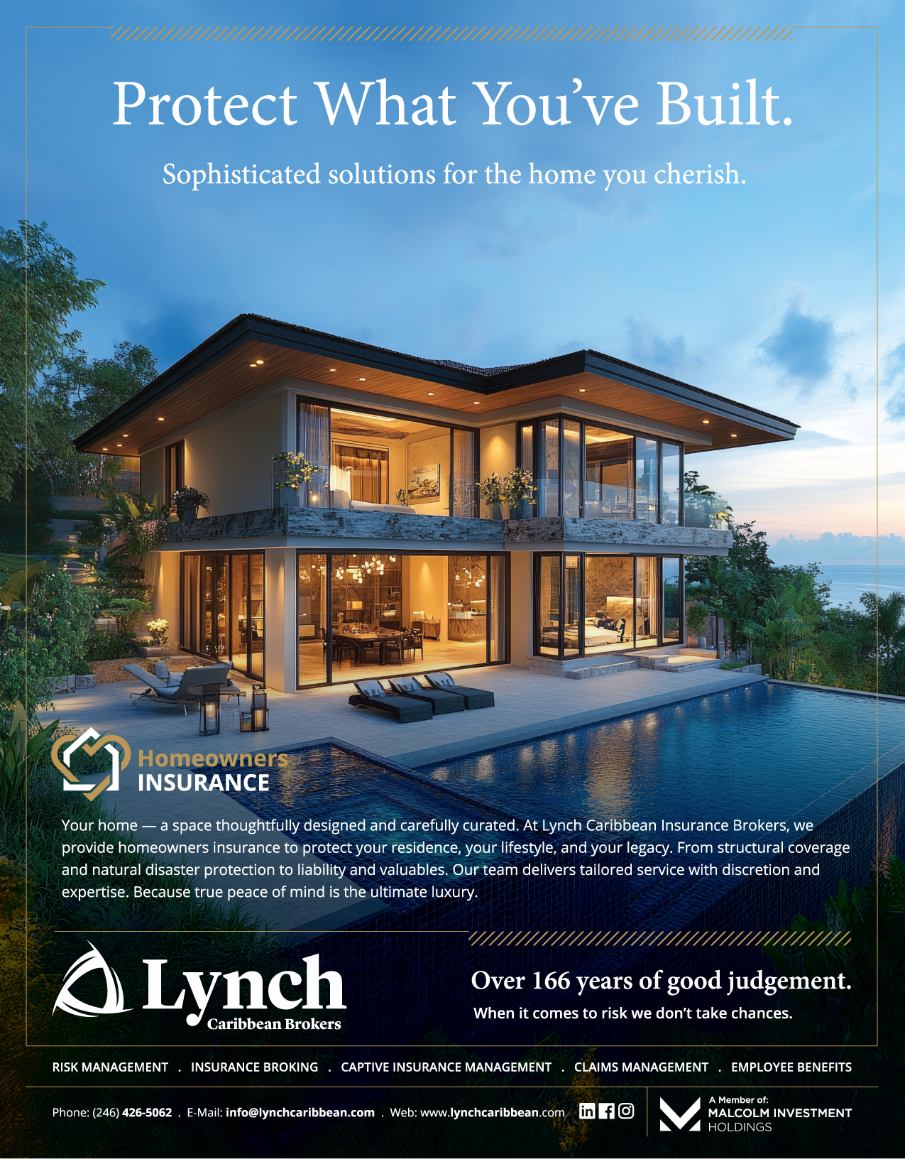 An advertisement for Lynch Caribbean Brokers home insurance featuring a modern house with a pool, nighttime setting, and contact information.