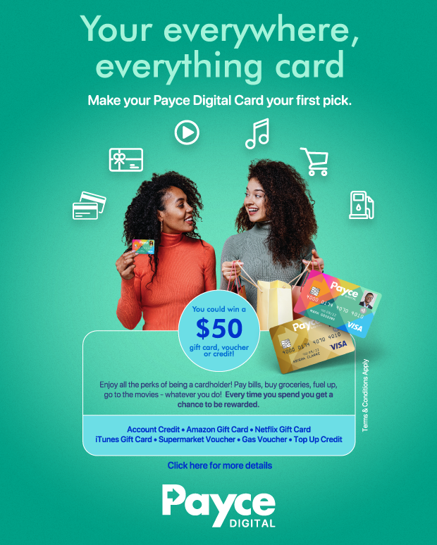 Advertisement for Payce Digital, featuring two women smiling and holding gift cards, promoting making Payce Digital Card your first pick for everyday purchases and a chance to win a $50 gift card.