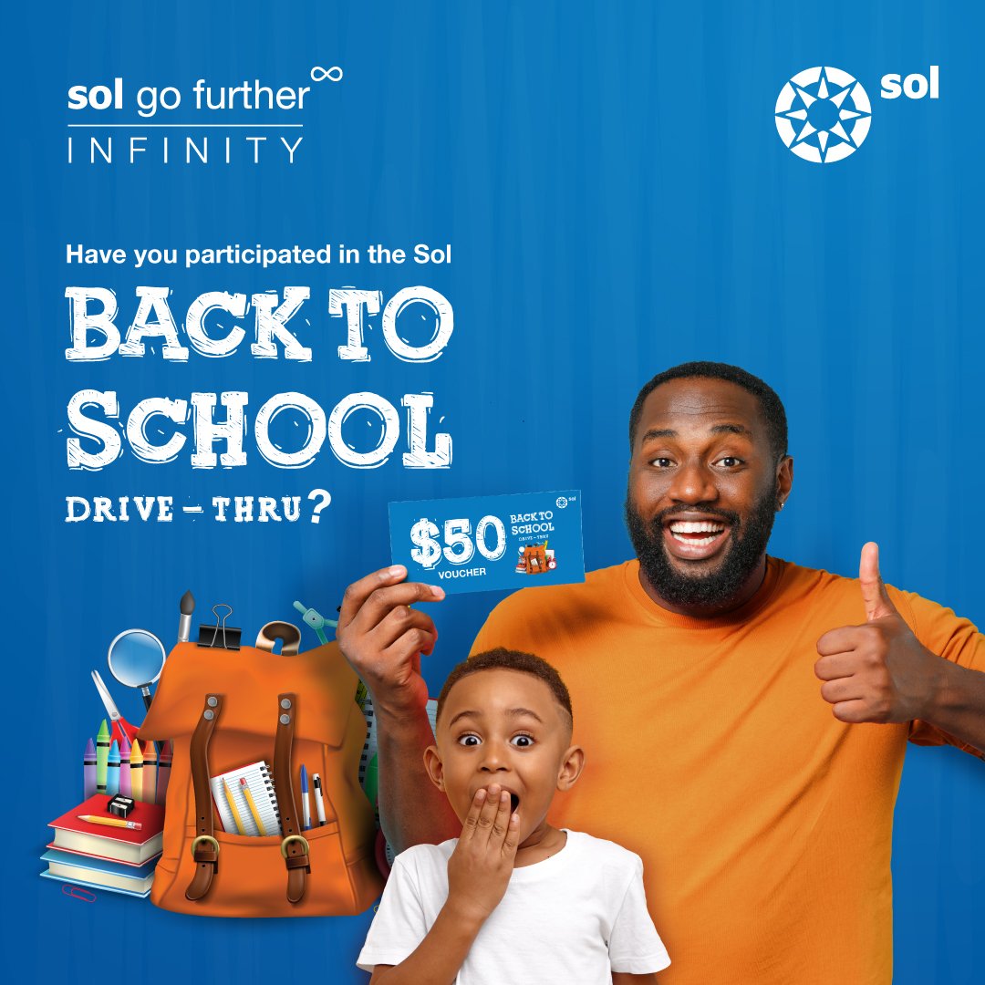 Advertisement for back to school drive-thru with a man and a boy holding a $50 school voucher, surrounded by school supplies and a backpack, on a blue background.