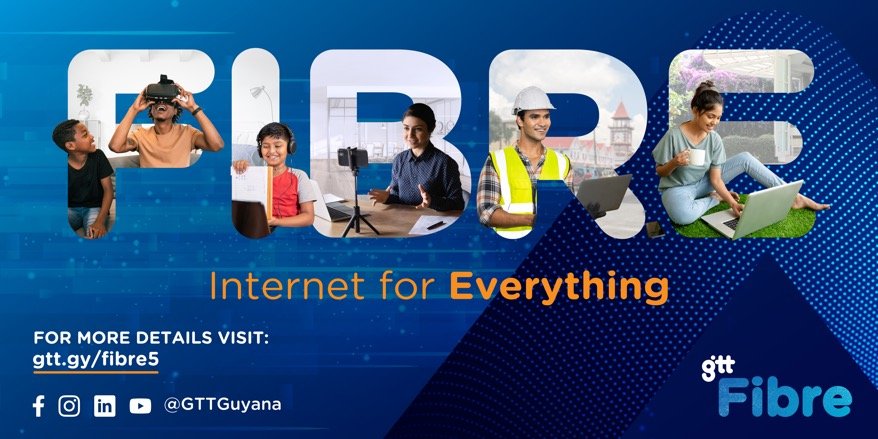 Graphic promoting GTT Fibre, showcasing diverse people using technology: children with virtual reality headset, girl with headphones, woman with tablet, construction worker with laptop, and woman with laptop on grass.