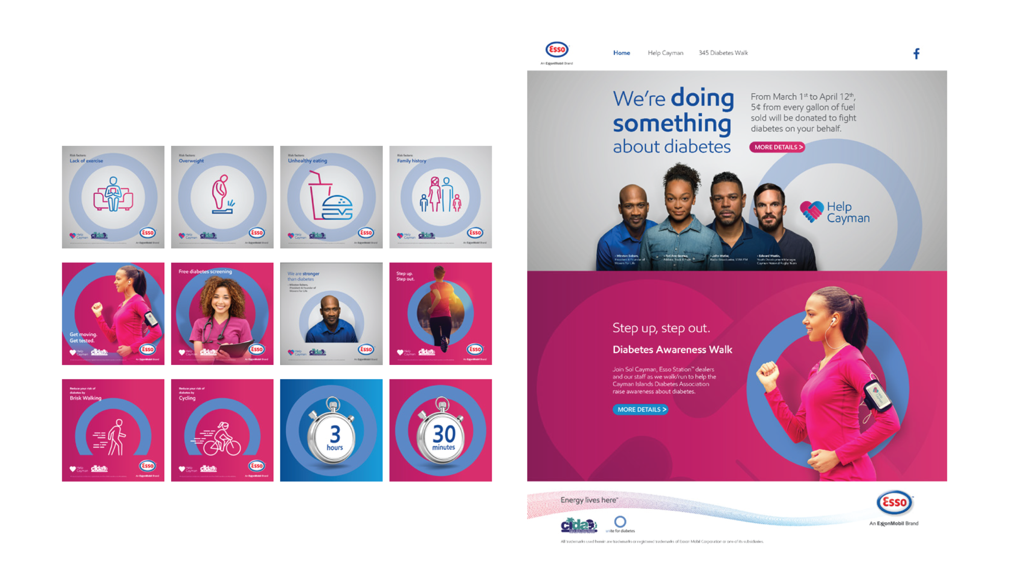 A digital booklet promoting a Diabetes Awareness Walk organized by Esso, featuring diverse participants, icons representing health activities, and event details, including dates and donation information.