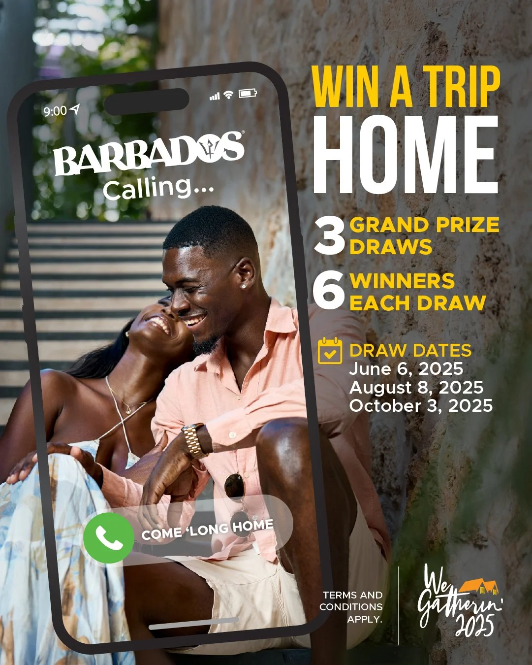 Promotional poster for a contest to win a trip home to Barbados, featuring a smiling couple and details about the contest, drawing dates, and prizes.