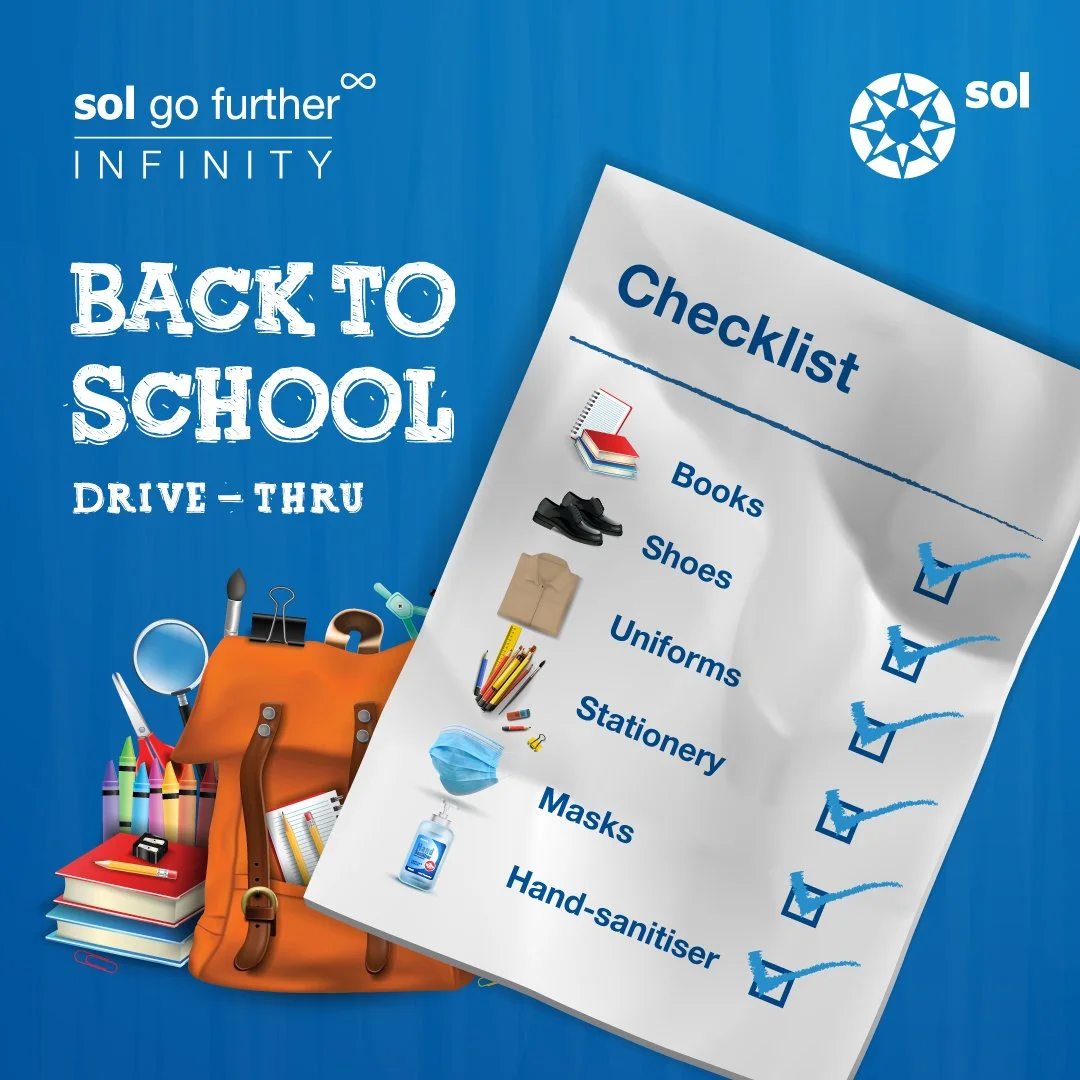 Back to school drive-thru checklist with items such as books, shoes, uniforms, stationery, masks, and hand sanitizer, all marked with checkmarks.