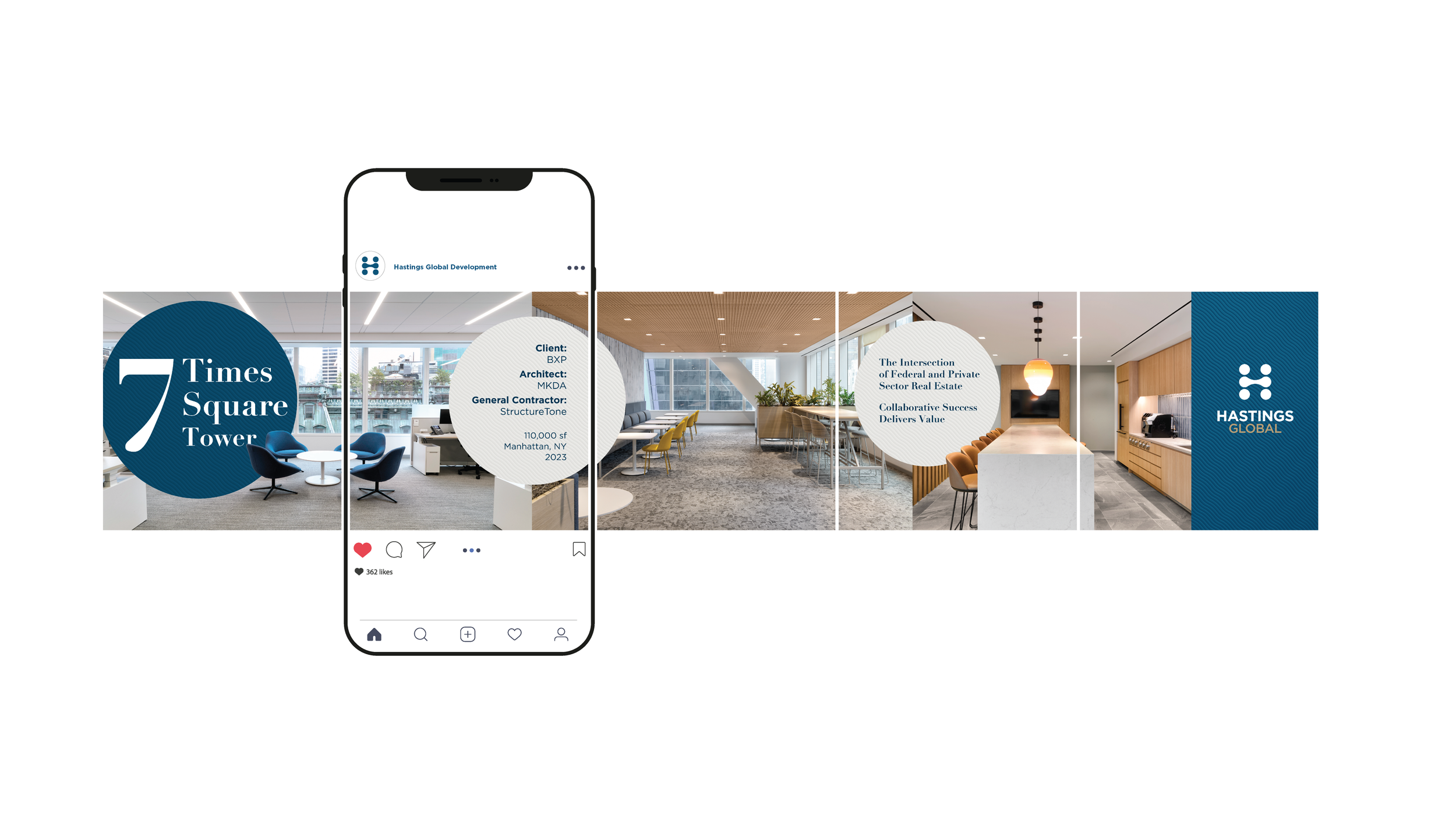 A social media post featuring images of a modern office interior with text highlighting 7 Times Square Tower and Hastings Global, including details about a project with client BXP, architect MKDA, and general contractor StructureTone, with specifications of 11,000 square feet in Manhattan, NY, 2023.