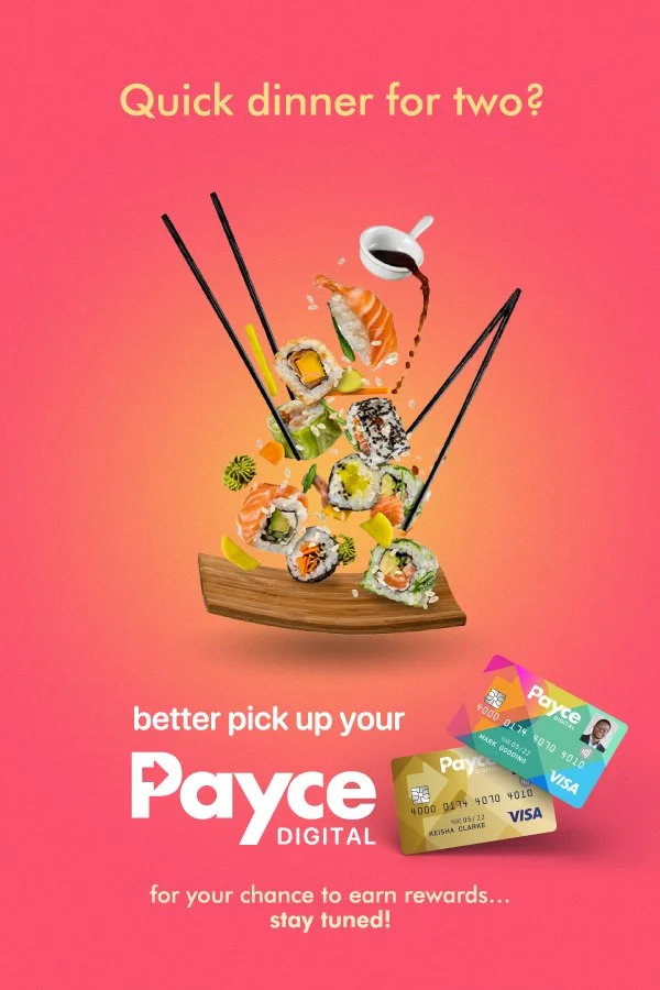 Promotional graphic featuring sushi rolls, chopsticks, soy sauce, and dipping sauce, with text about Payce Digital rewards program and two credit cards on a pink background.