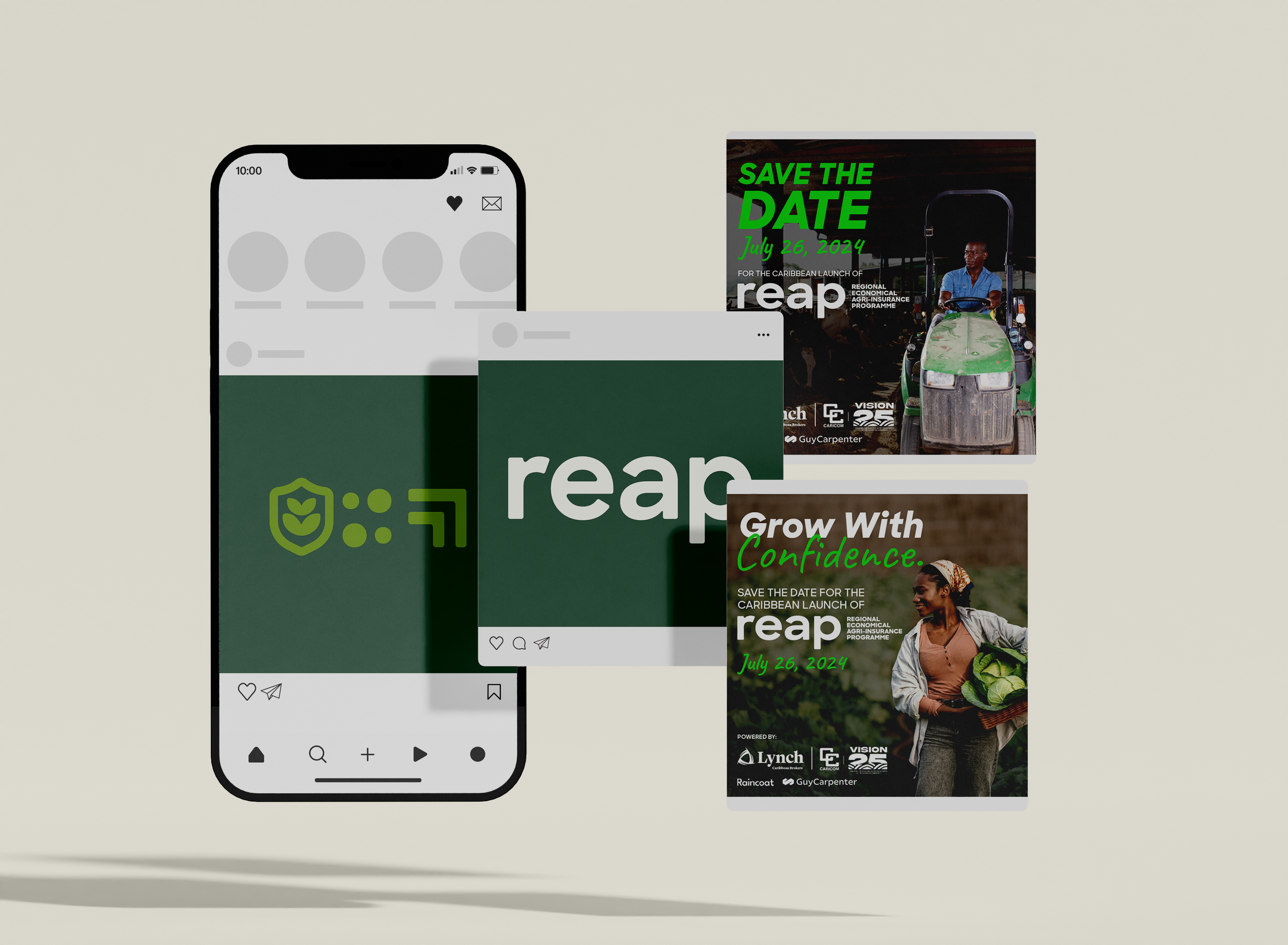 Digital mockup of marketing materials including a smartphone interface, a flyer with a tractor image, and a woman holding vegetables, all promoting an event for the Caribbean launch of a program called 'Reap' scheduled for July 26, 2024.
