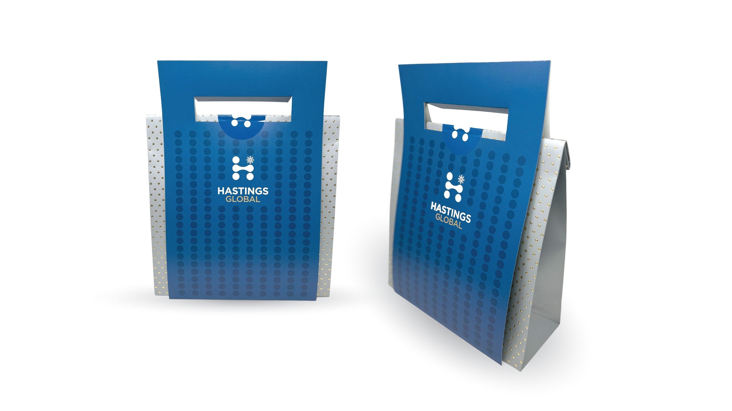 Two shopping bags with blue and white polka dot design, displaying 'HASTINGS GLOBAL' logo and handle cutouts.