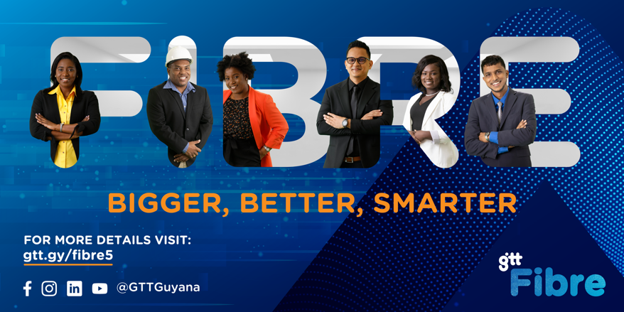 A promotional graphic for Fibre5 featuring six diverse adults in business attire, standing in a row with arms crossed, against a blue digital background with large white letters spelling 'FIVE', and the tagline 'BIGGER, BETTER, SMARTER'. Includes contact information and social media handles.