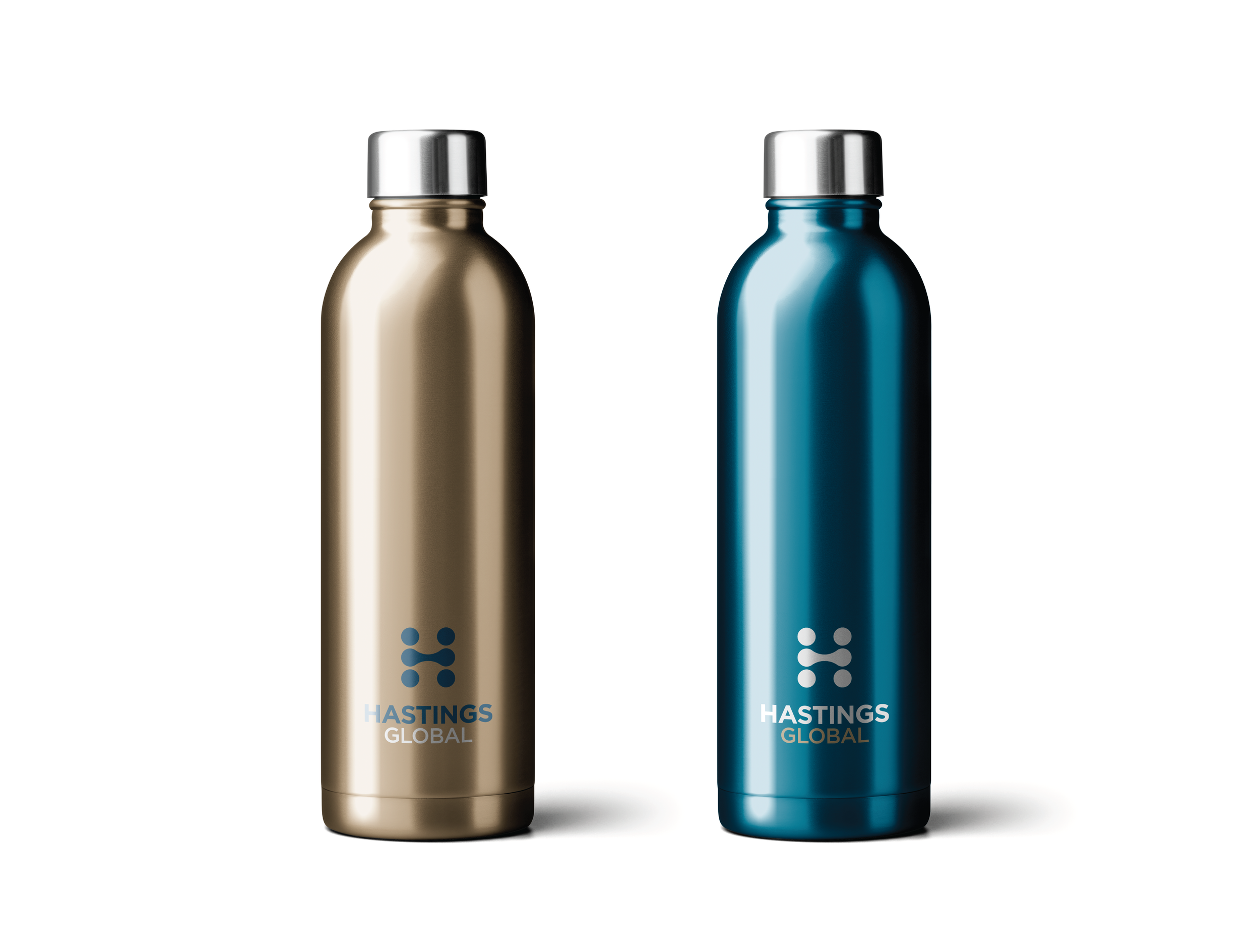 Two metallic water bottles, one gold and one blue, with silver caps, featuring the 'Hastings Global' logo on white background.