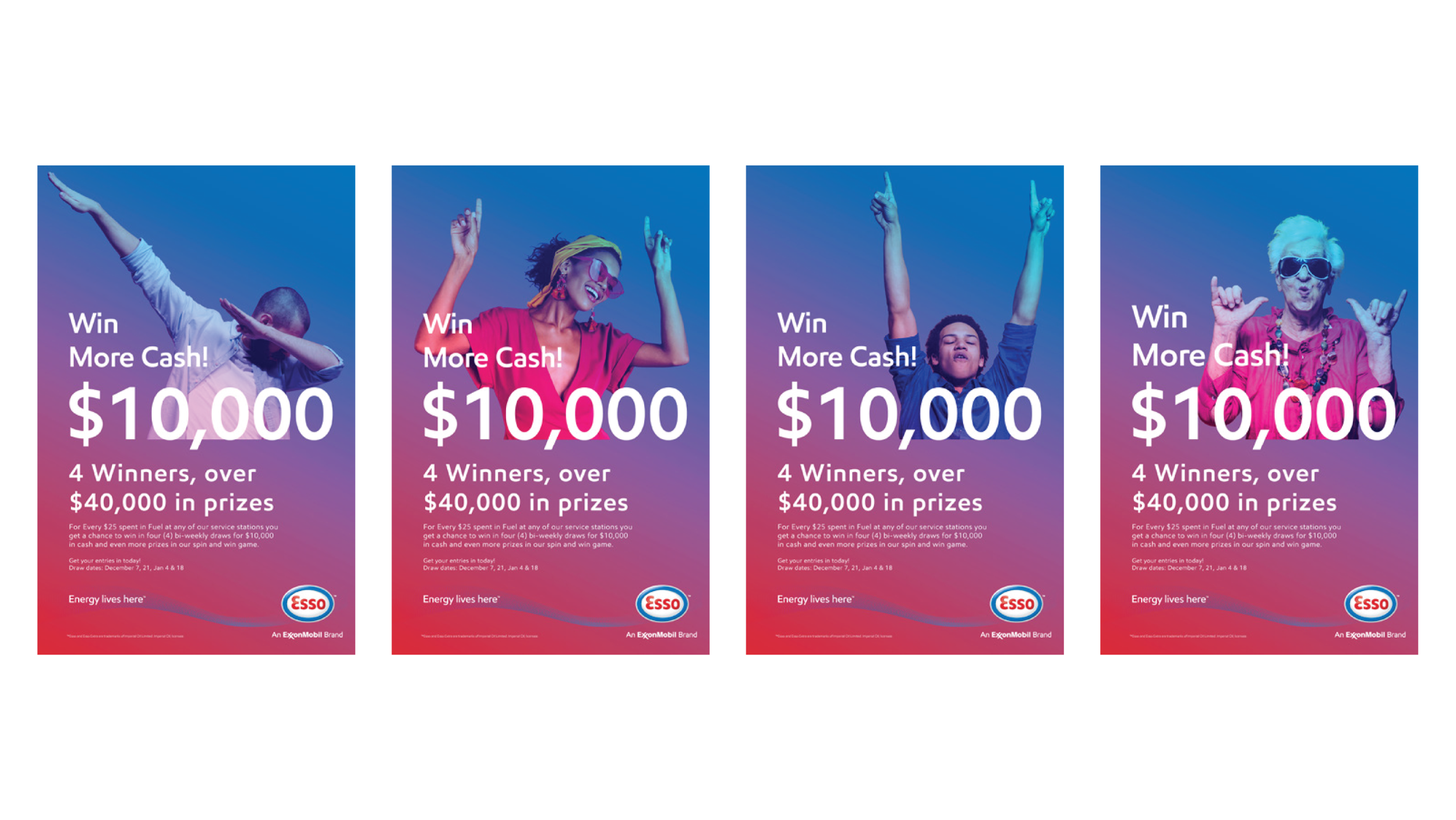 Four promotional flyers from Esso advertising a chance to win $10,000 cash, each featuring a diverse person dancing or celebrating against a gradient background.
