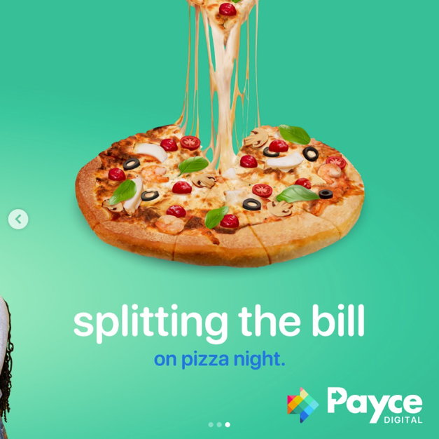 Pizza with toppings being sliced, cheese stretching, and text saying 'splitting the bill on pizza night' with Payce Digital logo.