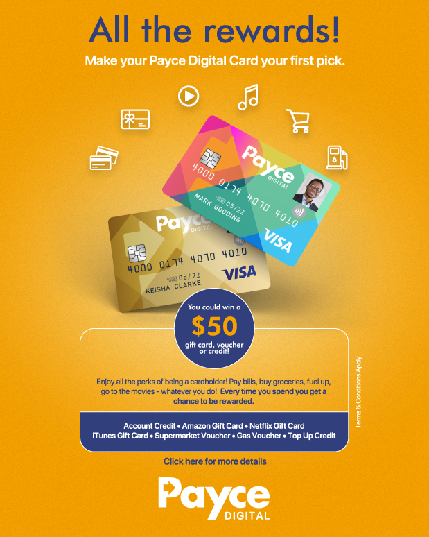 Orange background promotional graphic for Payce Digital rewards, featuring colorful Payce cards, icons of gift cards, music, shopping cart, and movies, with text encouraging users to make their Payce Digital Card their first pick for rewards and a chance to win a $50 gift card or voucher.