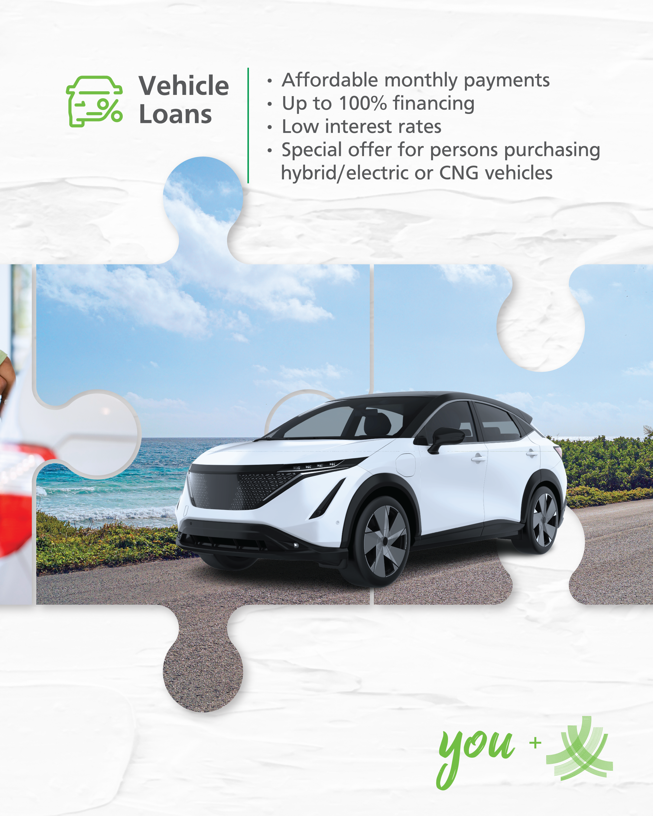 Infographic advertisement for vehicle loans featuring an electric white car parked on the road by the coast with text highlighting affordable financing options and special offers for hybrid/electric or CNG vehicles.