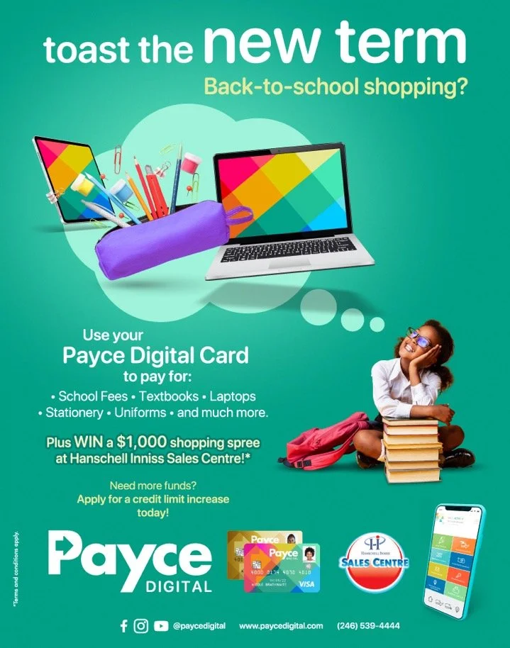 Advertisement for Payce Digital promoting back-to-school shopping with a digital card to pay for school-related expenses and a chance to win a $1,000 shopping spree, featuring a laptop, tablet, school supplies, a student with glasses and a stack of books, and a smartphone.