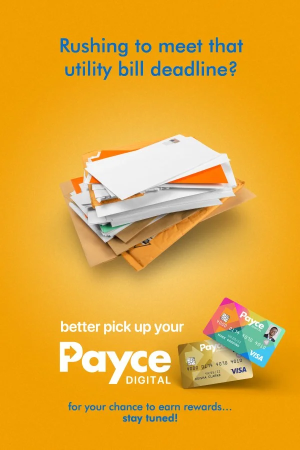 Advertisement with a pile of envelopes and bills at the center, a Payce Digital credit card at the bottom right, and blue text on a yellow background reading 'Rushing to meet that utility bill deadline? better pick up your Payce Digital for your chance to earn rewards... stay tuned!'