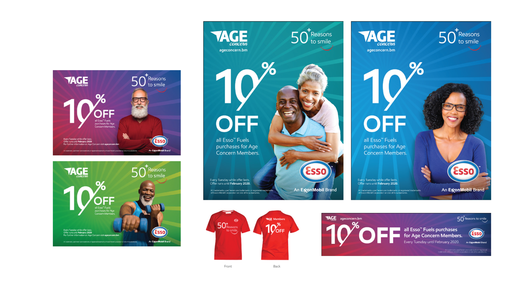 Collection of promotional advertisements for Esso and ExxonMobil fuel discounts, featuring diverse smiling adults, colorful backgrounds, and promotional text offering 10% off for age concern members, valid until February 2020.