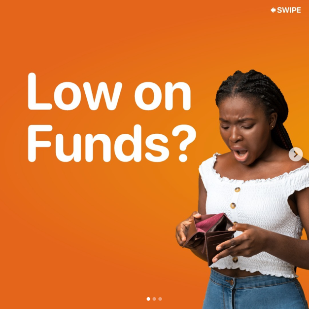 A woman with a surprised or concerned expression looking into an empty wallet against an orange background with the text 'Low on Funds?'