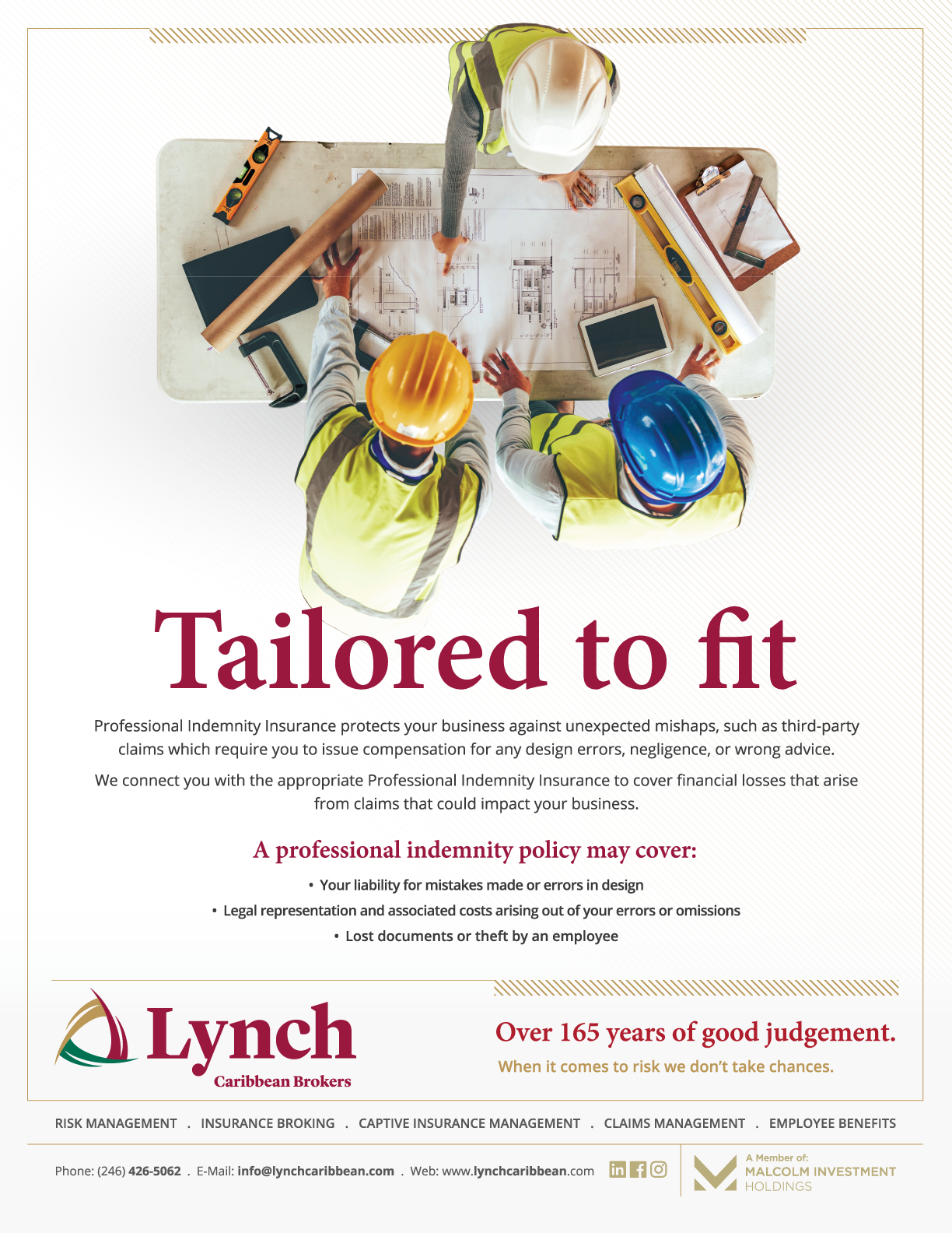 A promotional flyer for Lynch Caribbean Brokers displaying an overhead view of three construction workers in hard hats reviewing blueprints at a work table, with tools and electronic devices around them.
