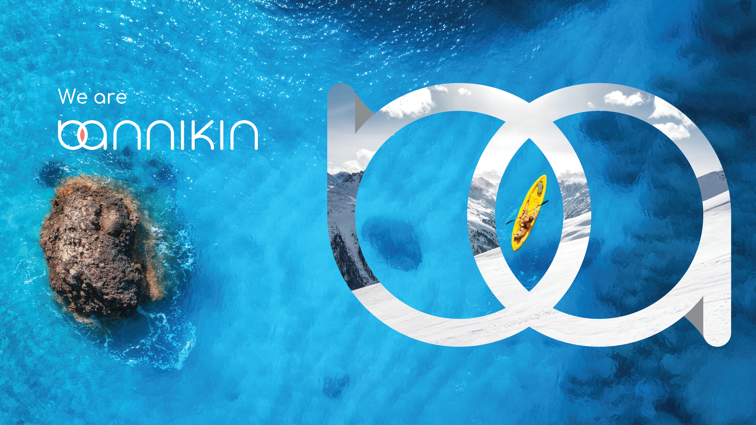 An aerial view of a large rocky island in the middle of bright blue water, with the words 'We are Annikin' on the left, and a large white 'O' logo with a mountain and snow scene inside.