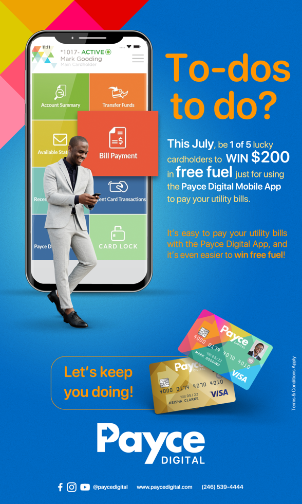 A promotional flyer for Payce Digital features a smiling man in a light grey suit on a colorful background. The flyer encourages users to pay their utility bills using the Payce Digital Mobile App to enter a chance to win $200 worth of free fuel. It displays images of three Payce Digital cards and highlights ease of use. Contact info and social media icons are at the bottom.