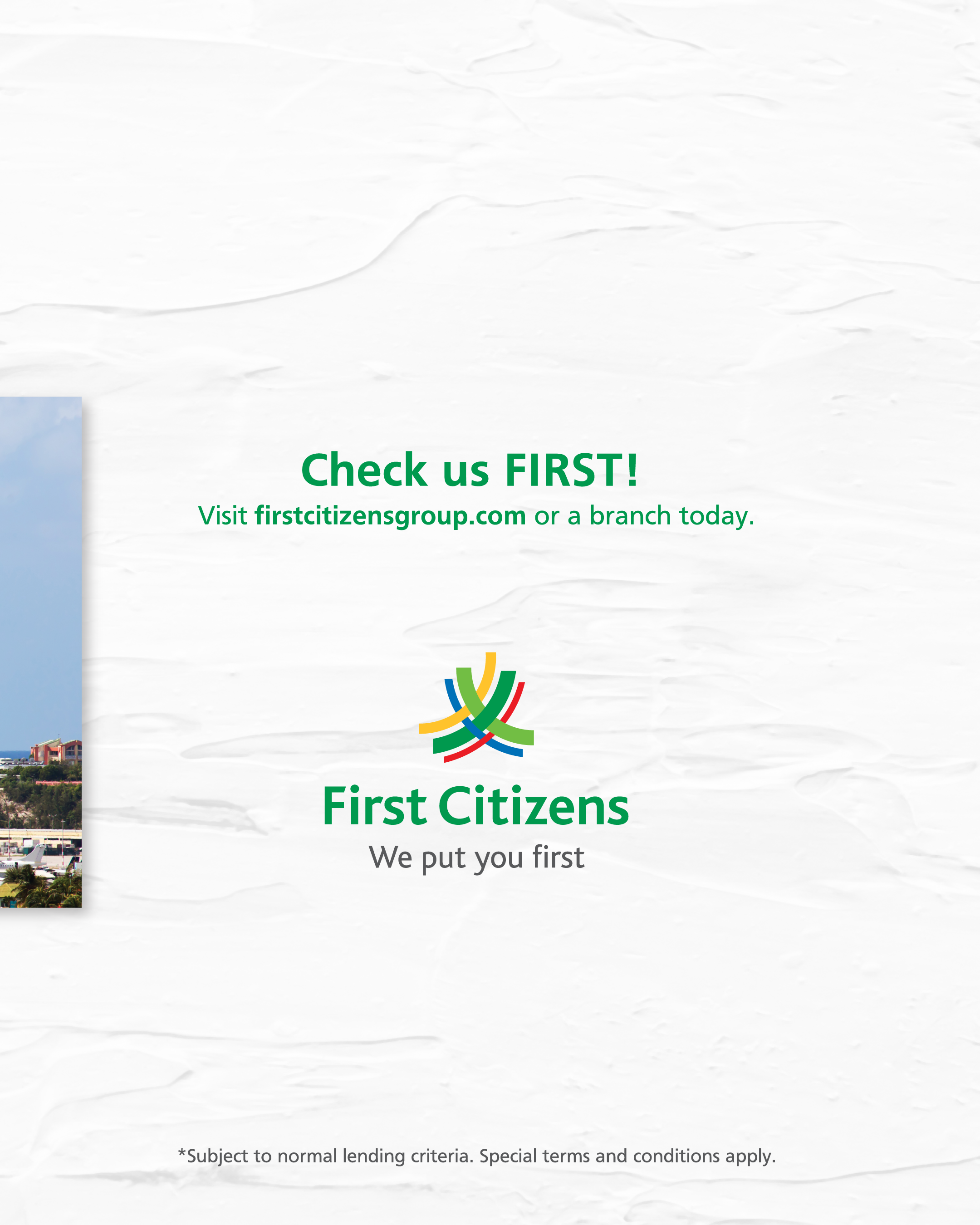 Advertisement for First Citizens bank encouraging checking with them first and visiting their website or branch, featuring the bank's colorful logo and slogan 'We put you first'.