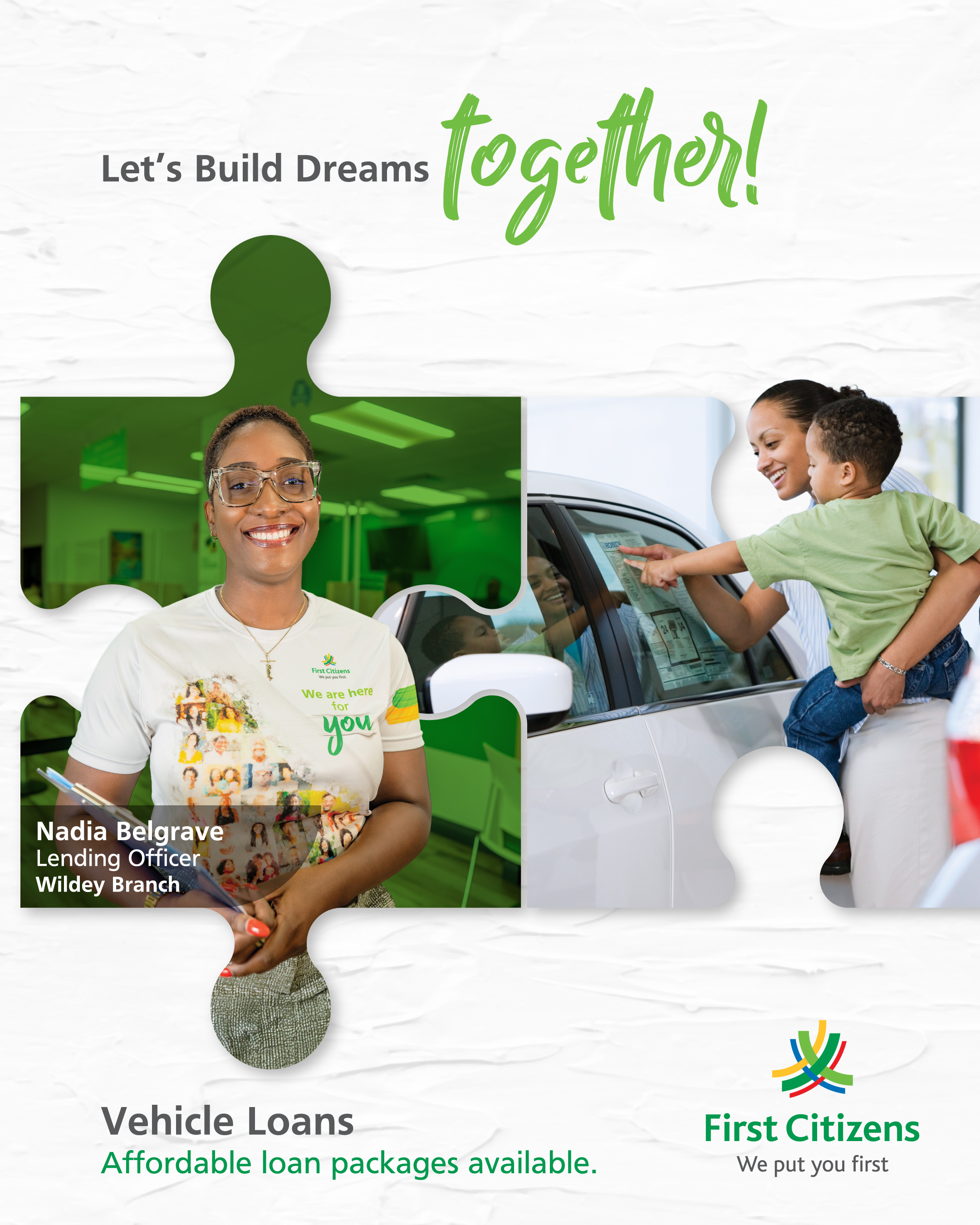 A promotional graphic for First Citizens Bank featuring a smiling woman in a white T-shirt with green text, and a woman with a child looking at a car window, with puzzle piece shapes indicating a connection. The graphic emphasizes vehicle loans and has the First Citizens logo with a tagline.