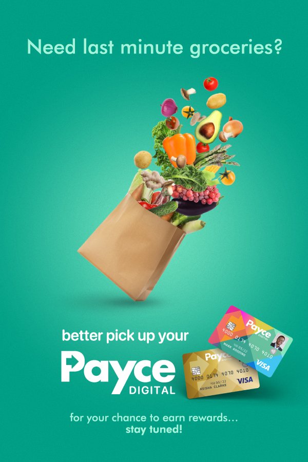 A paper grocery bag overflowing with various fruits, vegetables, and food items, with two Payce credit cards and text promoting Payce Digital rewards on a teal background.
