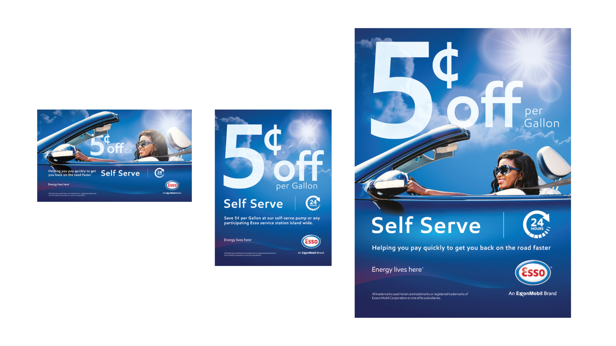 An advertisement for Esso self-serve gas stations offering 5 cents off per gallon, featuring a woman driving a convertible car under a bright sunny sky.