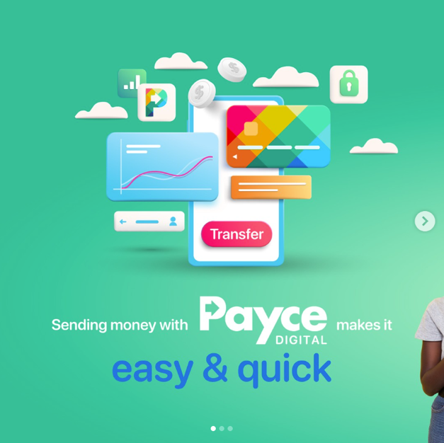 Digital illustration of a mobile phone with a transfer button, surrounded by icons of charts, a card, clouds, coins, and a lock, promoting Payce Digital's easy and quick money transfer service.
