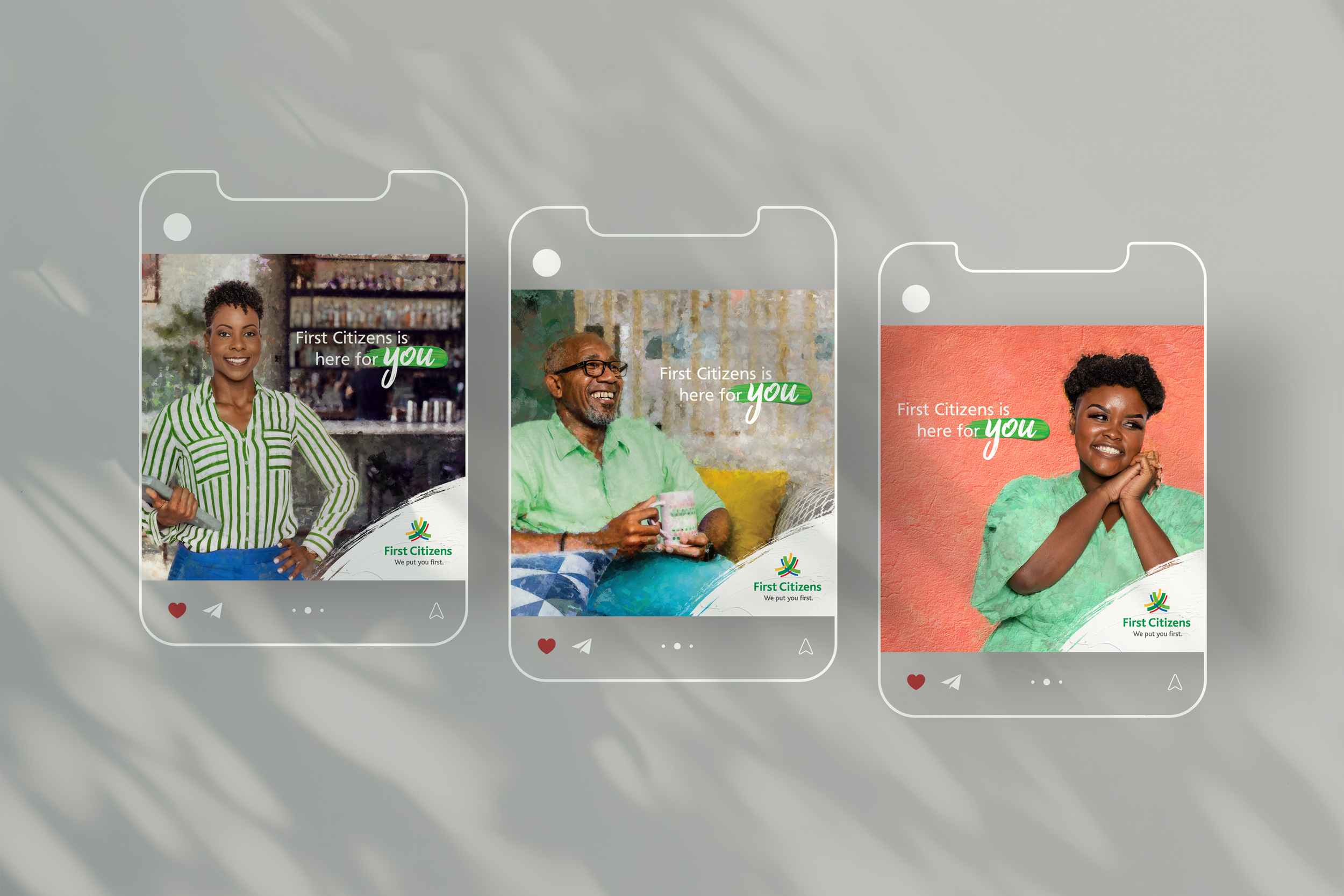 Three phone screens displaying diverse smiling people with the text 'First Citizens is here for you' and the First Citizens logo.