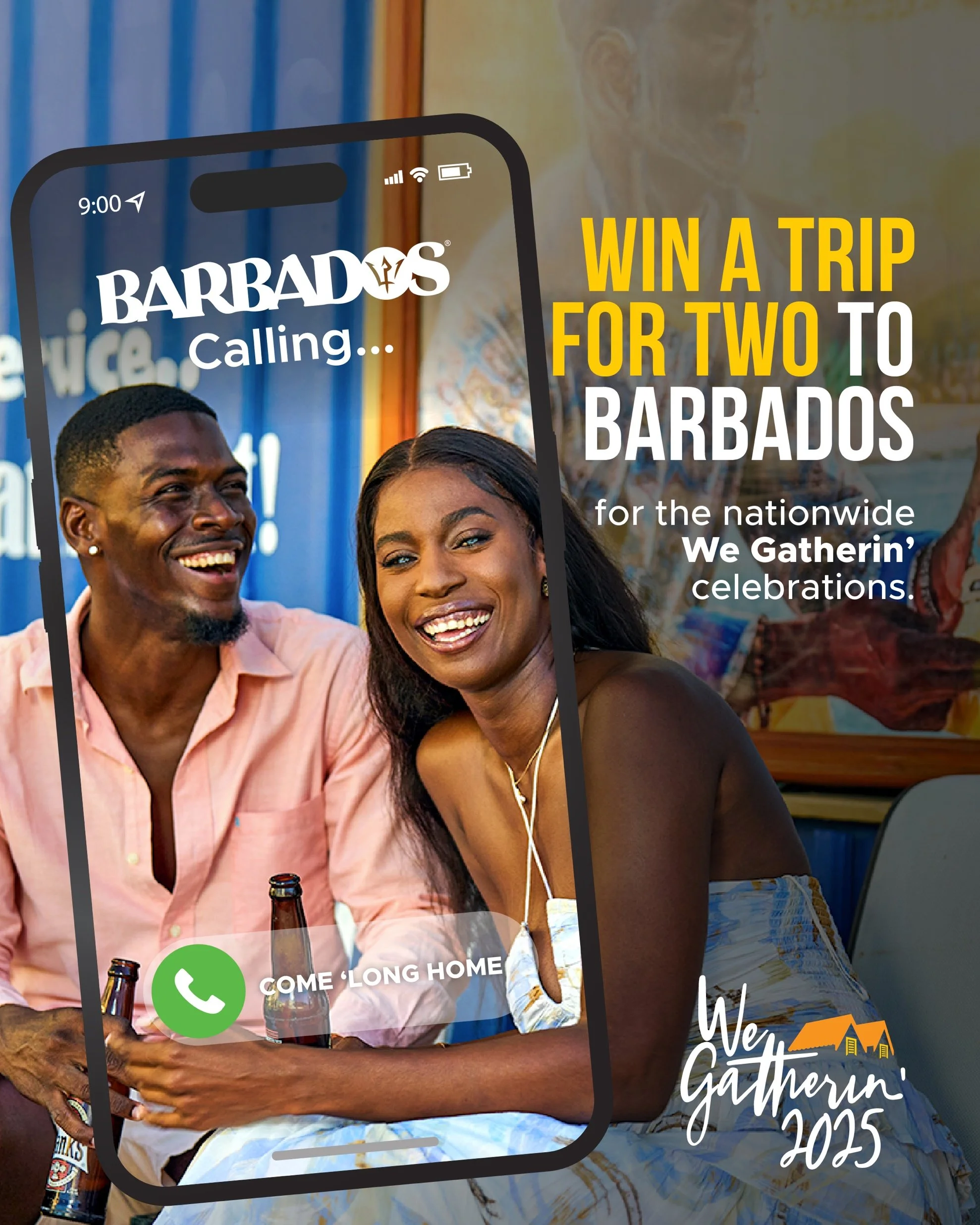 Promotion poster for a trip giveaway to Barbados, featuring a smiling man and woman sitting together, with a phone screen overlay showing an incoming call from Barbados with the message 'Come 'Long Home'.