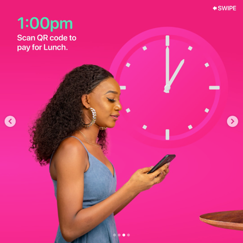 A woman with curly hair looking at her phone with a large pink clock showing 12:00 in the background, and text instructs to scan a QR code to pay for lunch.