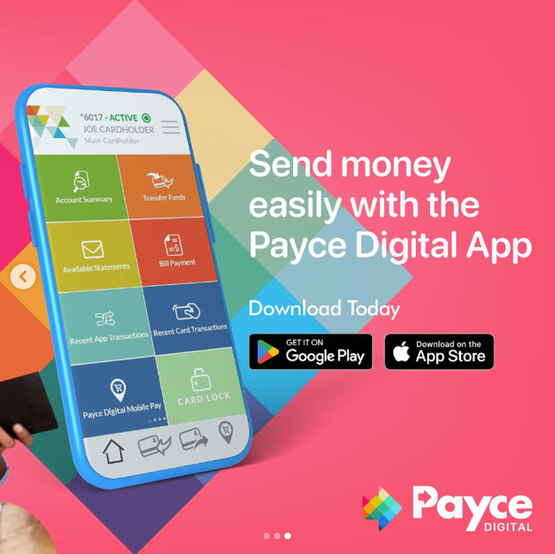 Promotional image for the Payce Digital app showing a smartphone with the app interface, highlighting features like account summary, transfer funds, bill payment, recent transactions, and mobile pay, with download links for Google Play and the App Store on a colorful background.