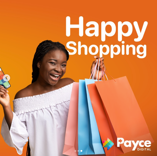 A smiling woman holding shopping bags and credit cards with a bright orange background and the text 'Happy Shopping' in white, along with the Payce Digital logo.