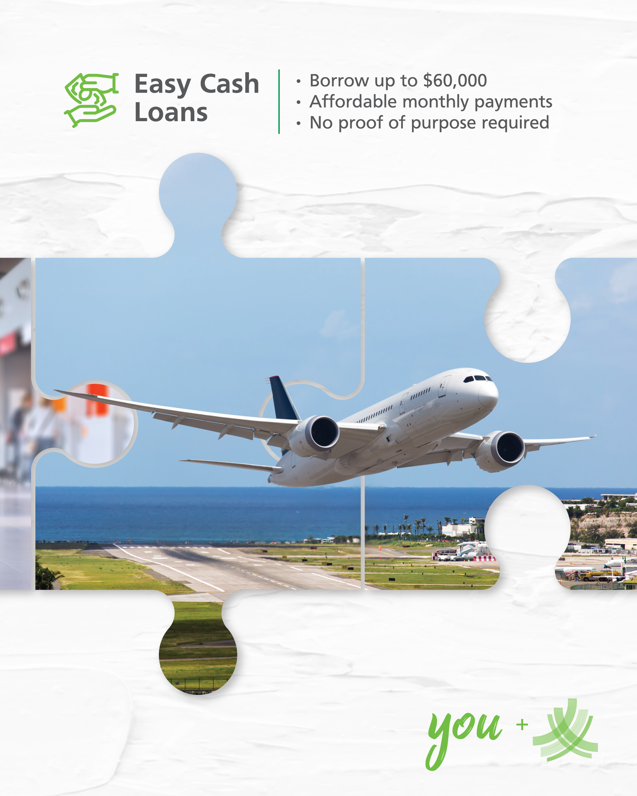 The image shows a promotional flyer for easy cash loans offering up to $60,000 with monthly payments, no proof of purpose required. The flyer features a puzzle piece design with a picture of a commercial airplane taking off from a runway, with a coastal landscape and blue sky in the background. The bottom right corner includes the words "you" and a green logo.