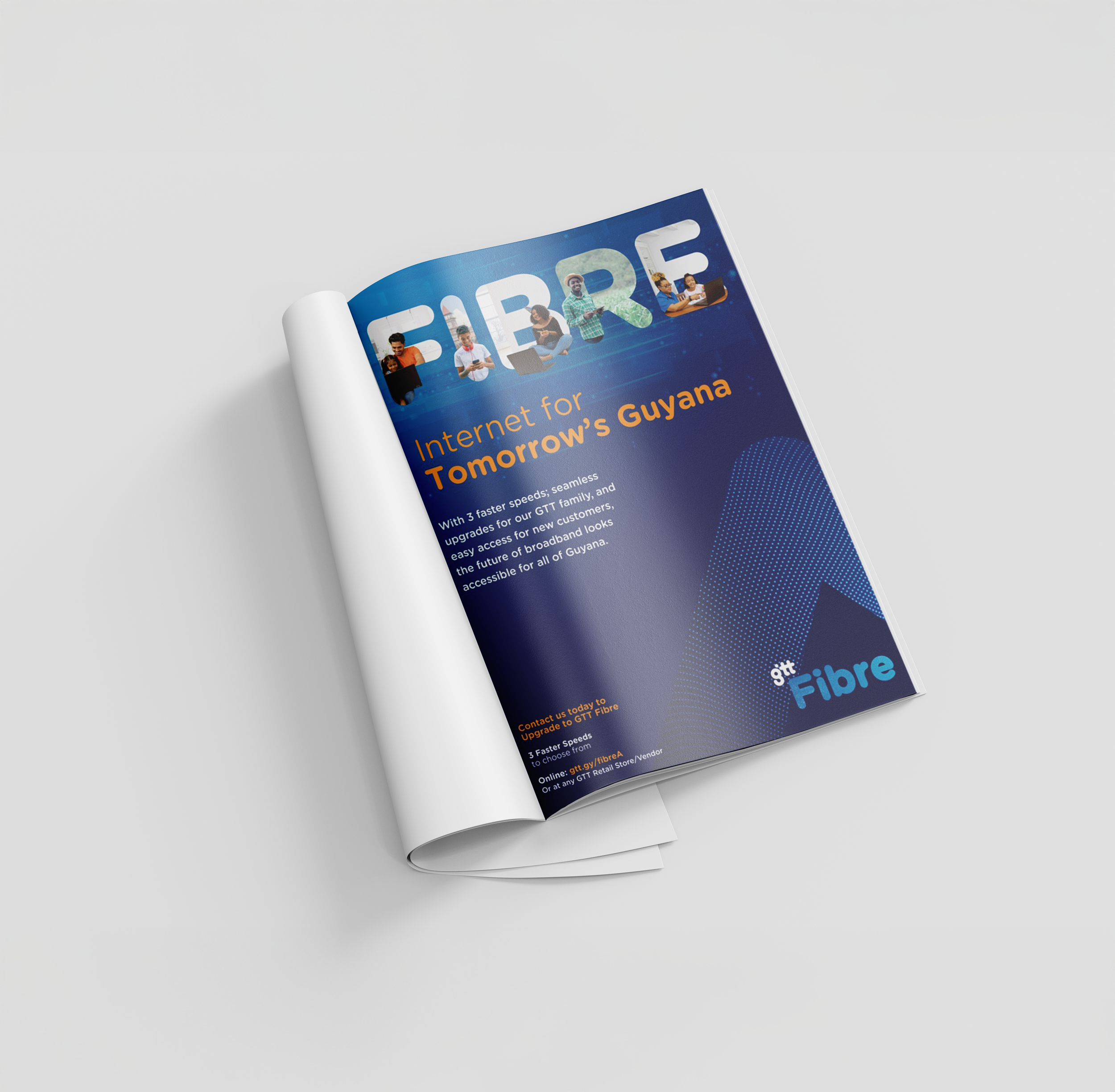 Brochure titled 'Internet for Tomorrow's Guyana' promoting 8th Fibre internet upgrade with faster speeds for Guyana.